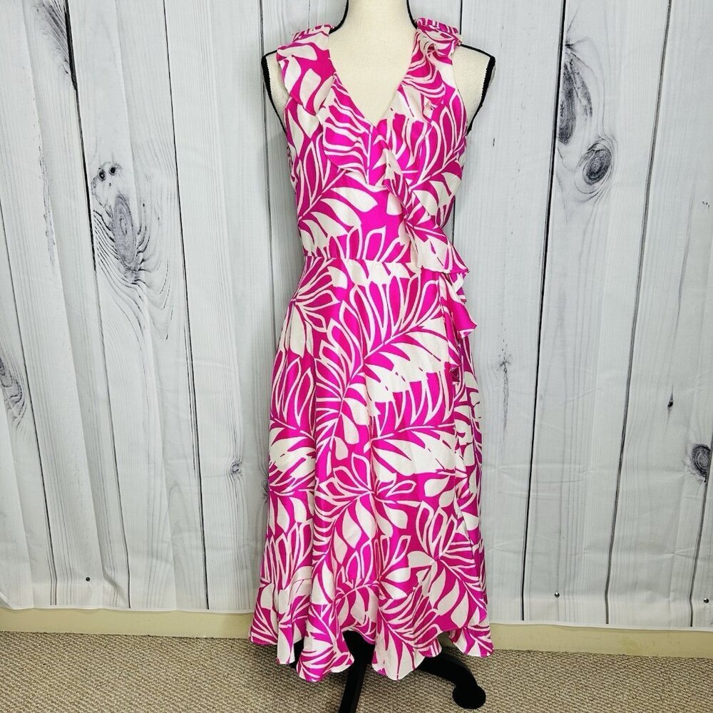 Kate Spade 100% Silk Pink White Floral Wrap Dress Size 4 Ruffle Neckline Sash